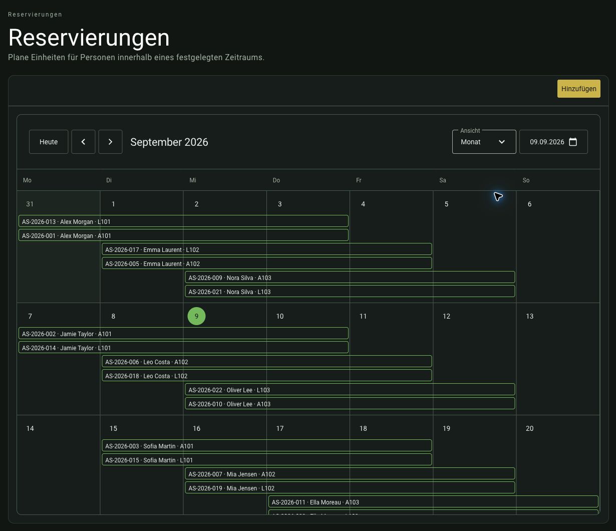 Monatskalender mit den synthetischen Reservierungen von Aurora Stays im September 2026.