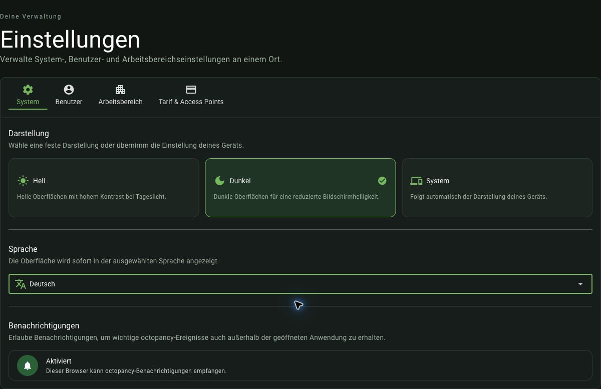 System-Einstellungen mit Darstellung, Sprache und aktiviertem Benachrichtigungsstatus.