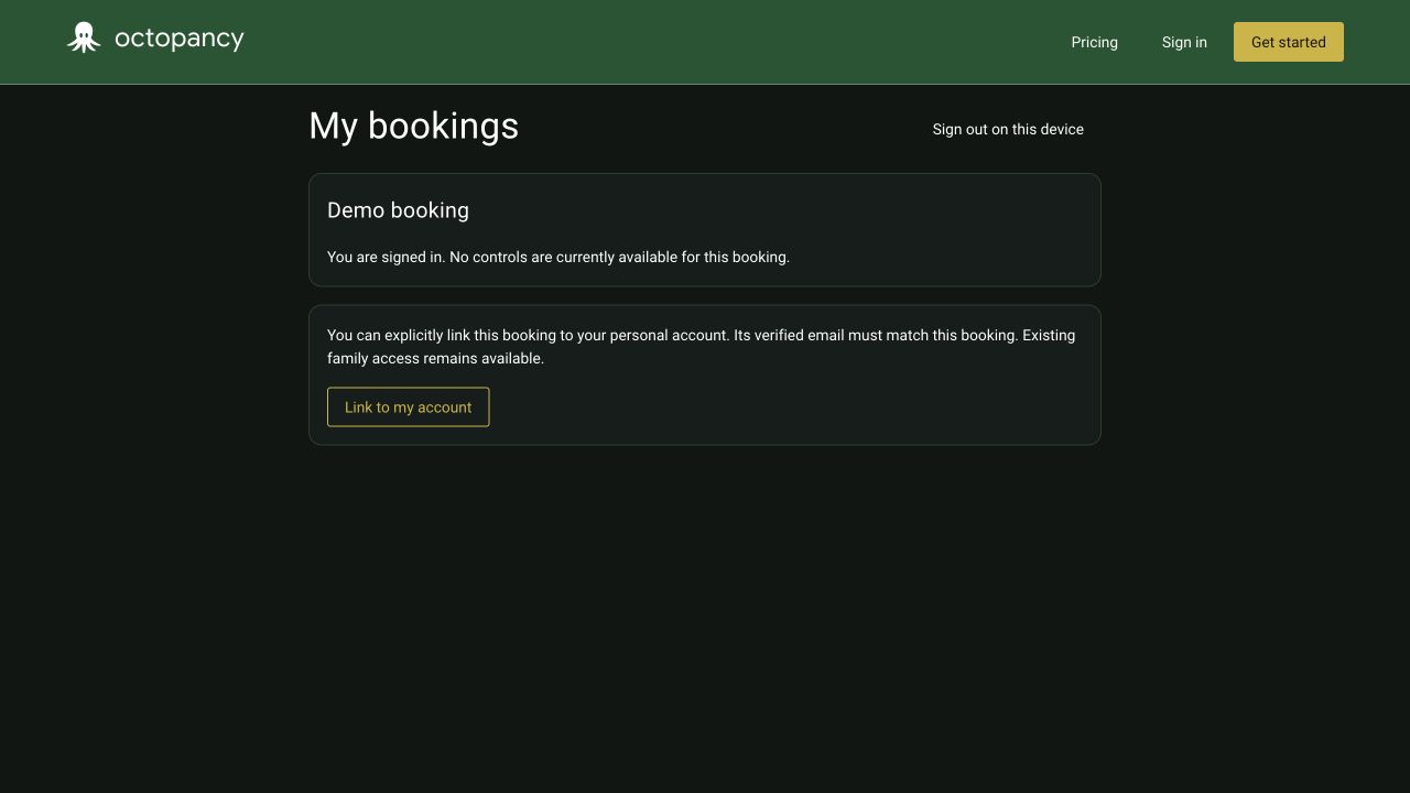 Signed-in example booking with no currently available controls.