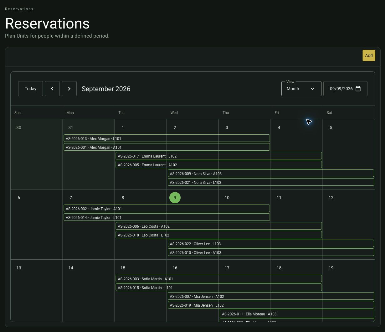Monthly calendar with Aurora Stays’ synthetic reservations in September 2026.