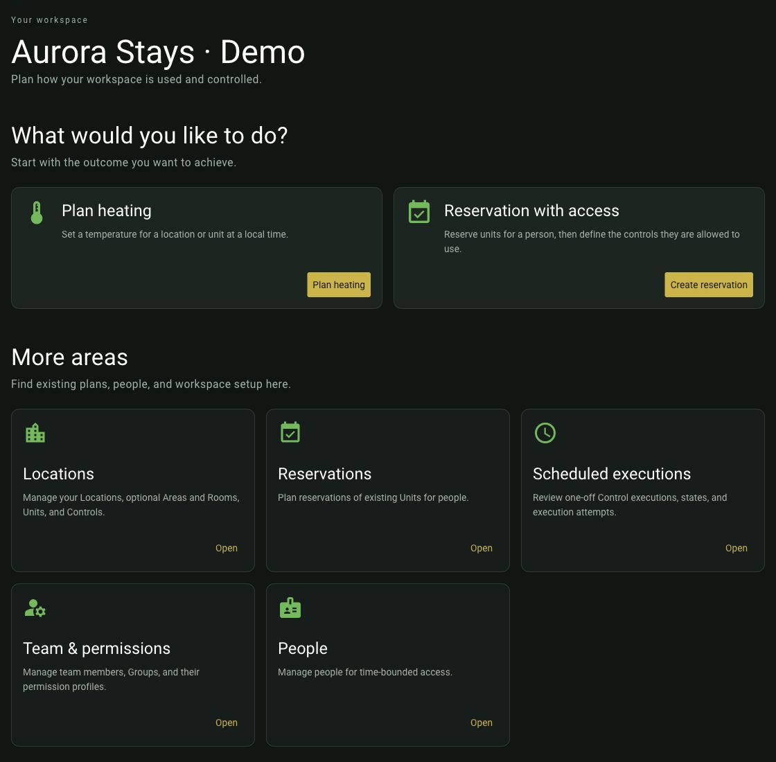 Overview of the Aurora Stays demo workspace with starting points for planning and administration.